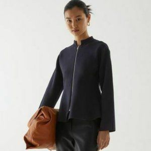 COS structured knit flare jacket with zipper, navy blue